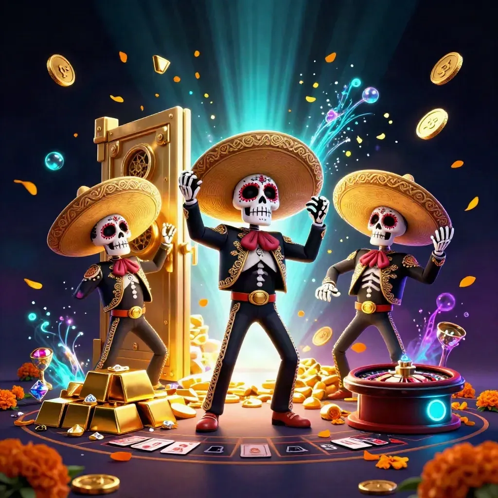 Skeleton mariachi trio amid exploding vault gold, roulette, cards, teal storm glow