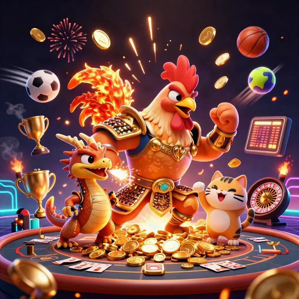 Rooster samurai, dragon hatchling and lucky cat amid casino burst, coins, roulette wheel, fireworks.