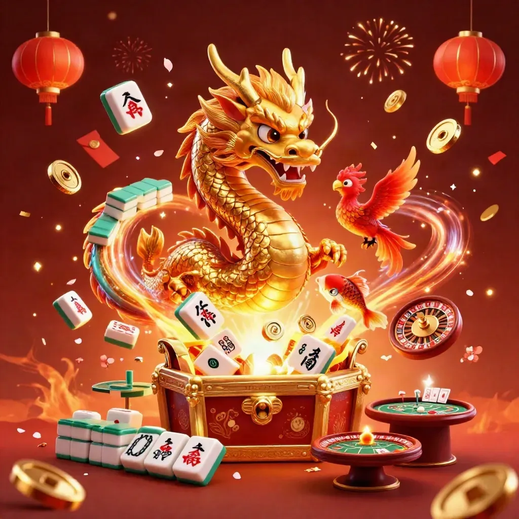Golden dragon and phoenix burst from a treasure chest amid coins, cards, lanterns, and fireworks.