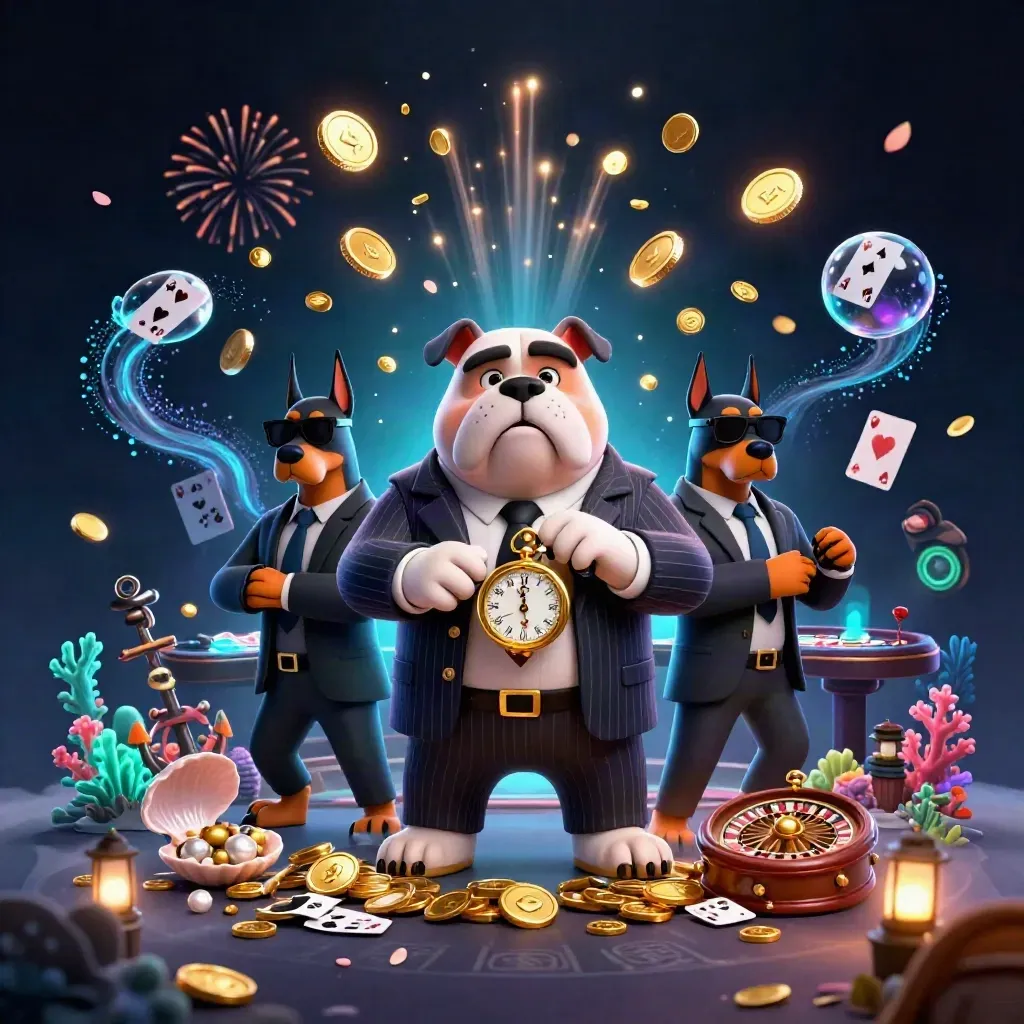 Bulldog boss and Doberman guards amid coin shower, treasure cove, roulette wheel, and storm-lit neon.