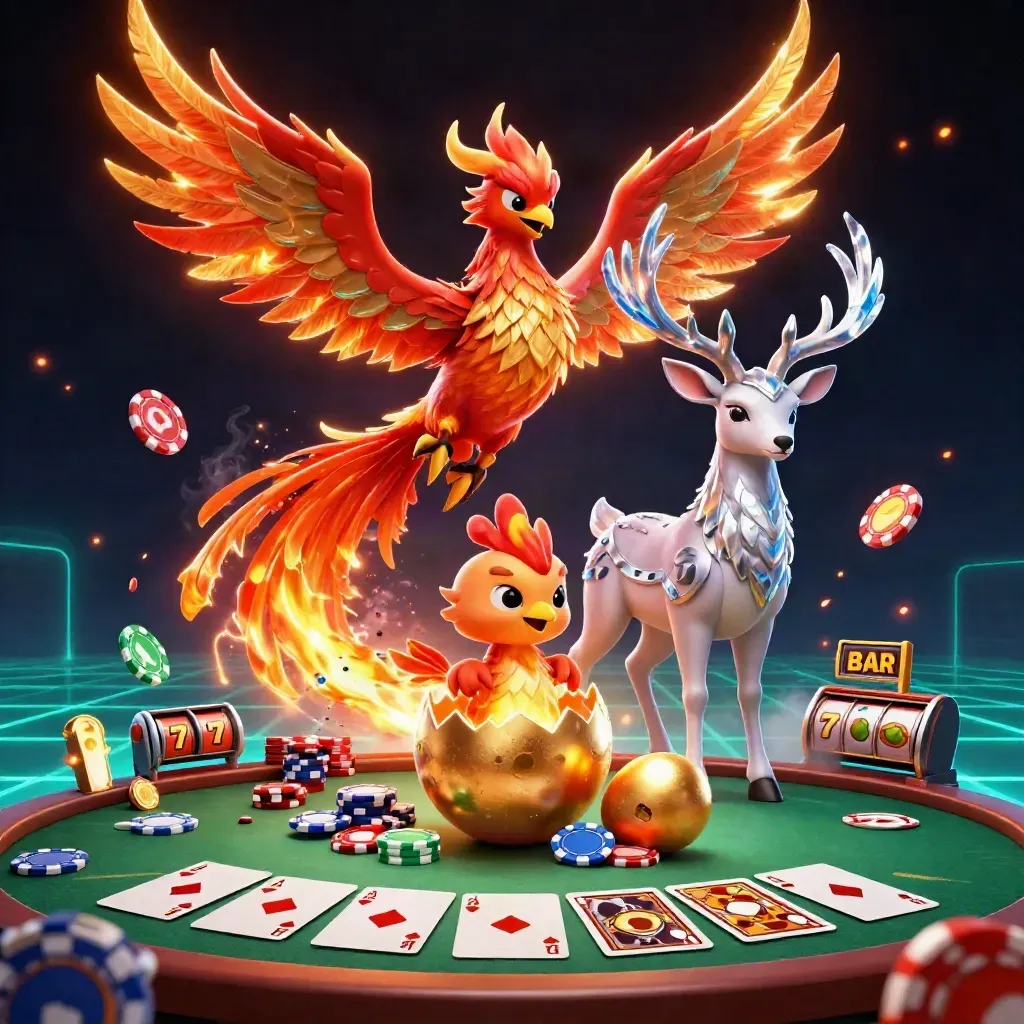 Phoenix, stag, and hatchling surge through poker chips, reels, and teal storm light on dark navy.
