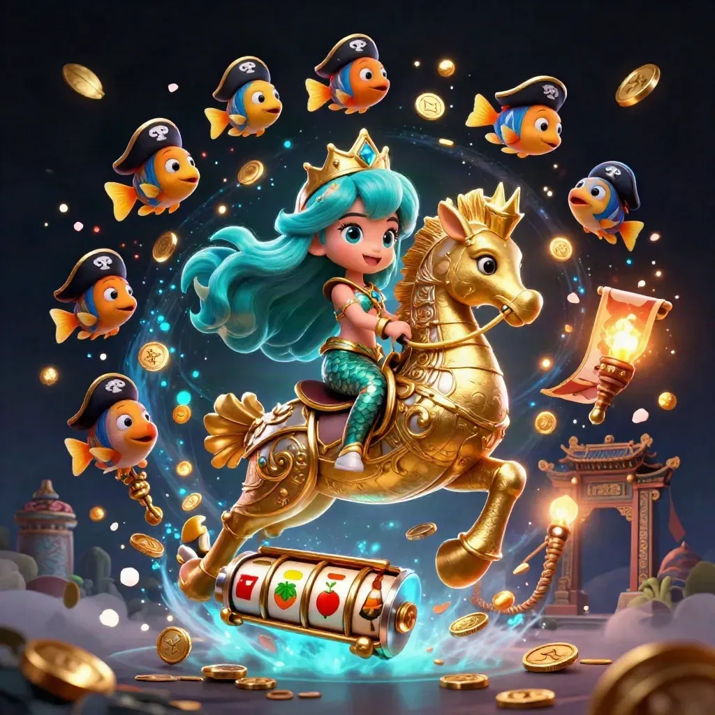 Mermaid princess rides golden seahorse amid pirate fish, coins, reels, and stormy casino magic.