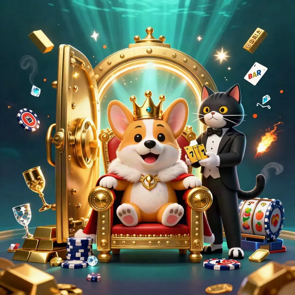 Royal corgi and cat butler amid a glowing vault, gold, gems, reels, and teal storm-lit casino magic.