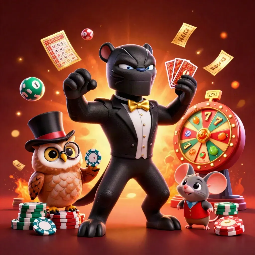 Panther, owl, and mouse in a premium casino splash with cards, chips, reels, and glowing gold effects.