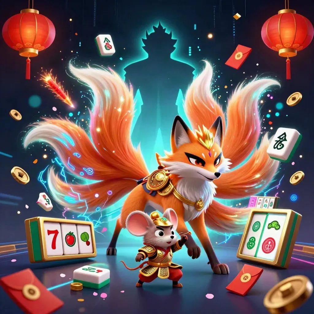 Nine-tailed fox spirit and armored mouse amid casino magic, neon reels, coins, lanterns, and storm light.
