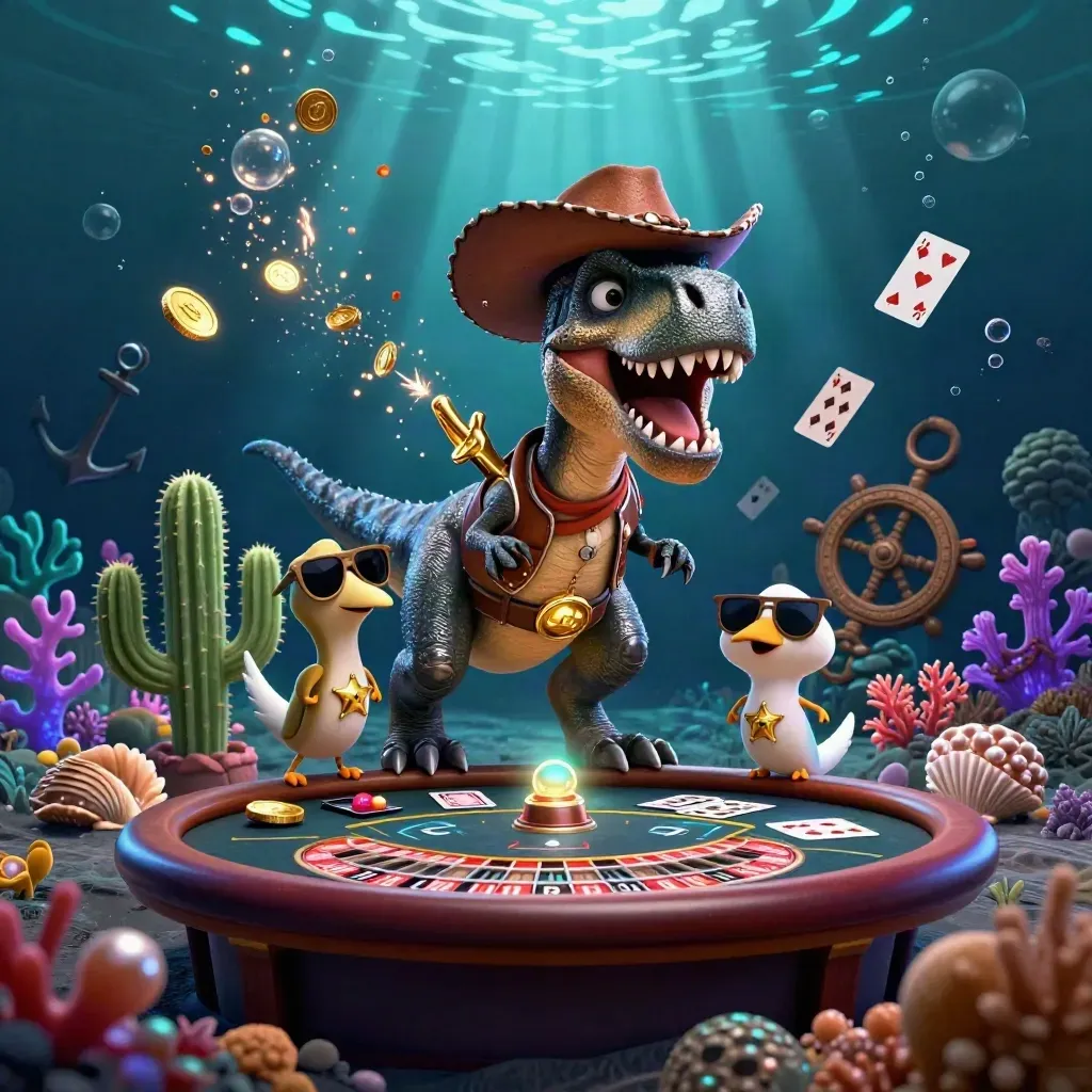 Cowboy T-Rex, cactus, and roadrunner in an underwater casino with coins, cards, and neon glow.
