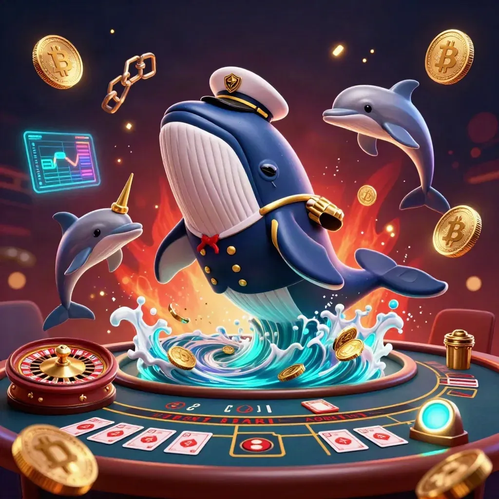 Whale captain, narwhal, and dolphins amid casino coins, neon crypto symbols, and spinning roulette.