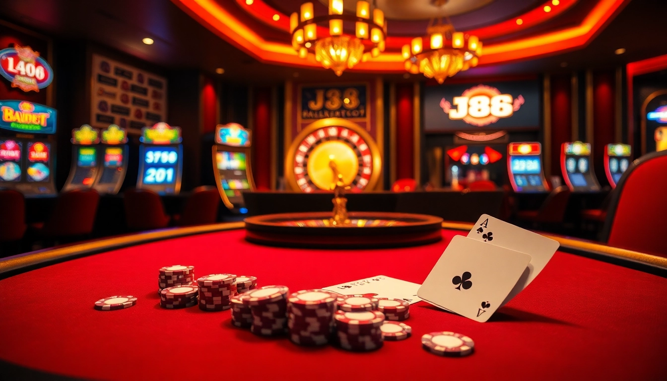 J88 immersive casino scene showcasing high-stakes poker and roulette excitement.