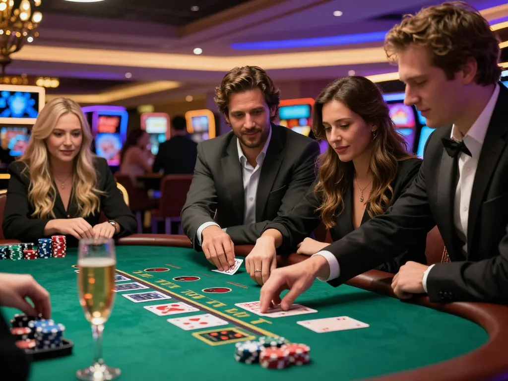 Experience the thrill of blackjack at sky88, vibrant casino lighting illuminating focused players.