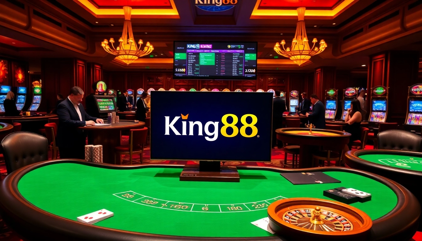 Gambling enthusiasts enjoying high-stakes games at King88 casino, surrounded by vibrant tables and luxury.