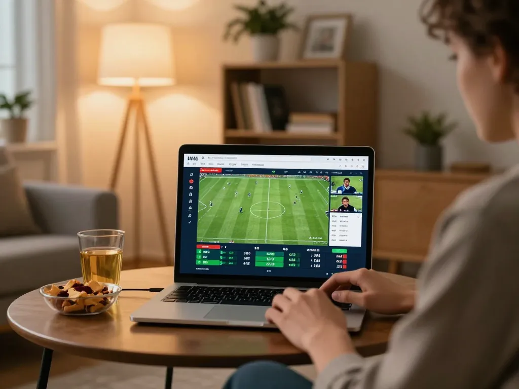 Tỷ lệ kèo nhà cái 5 displayed on a laptop during live sports betting in a cozy home setting.
