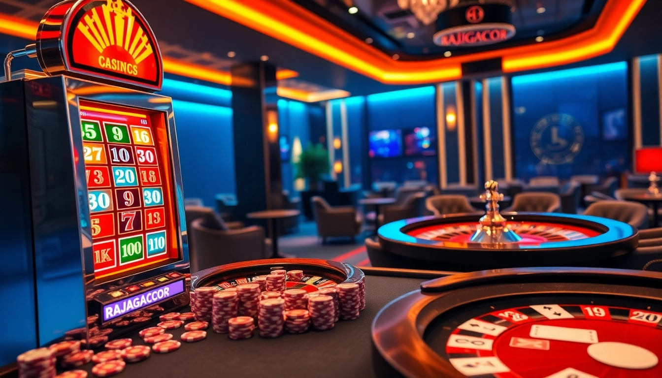 Engaging RAJAGACOR slot machine and roulette scene highlighting excitement in online gambling.