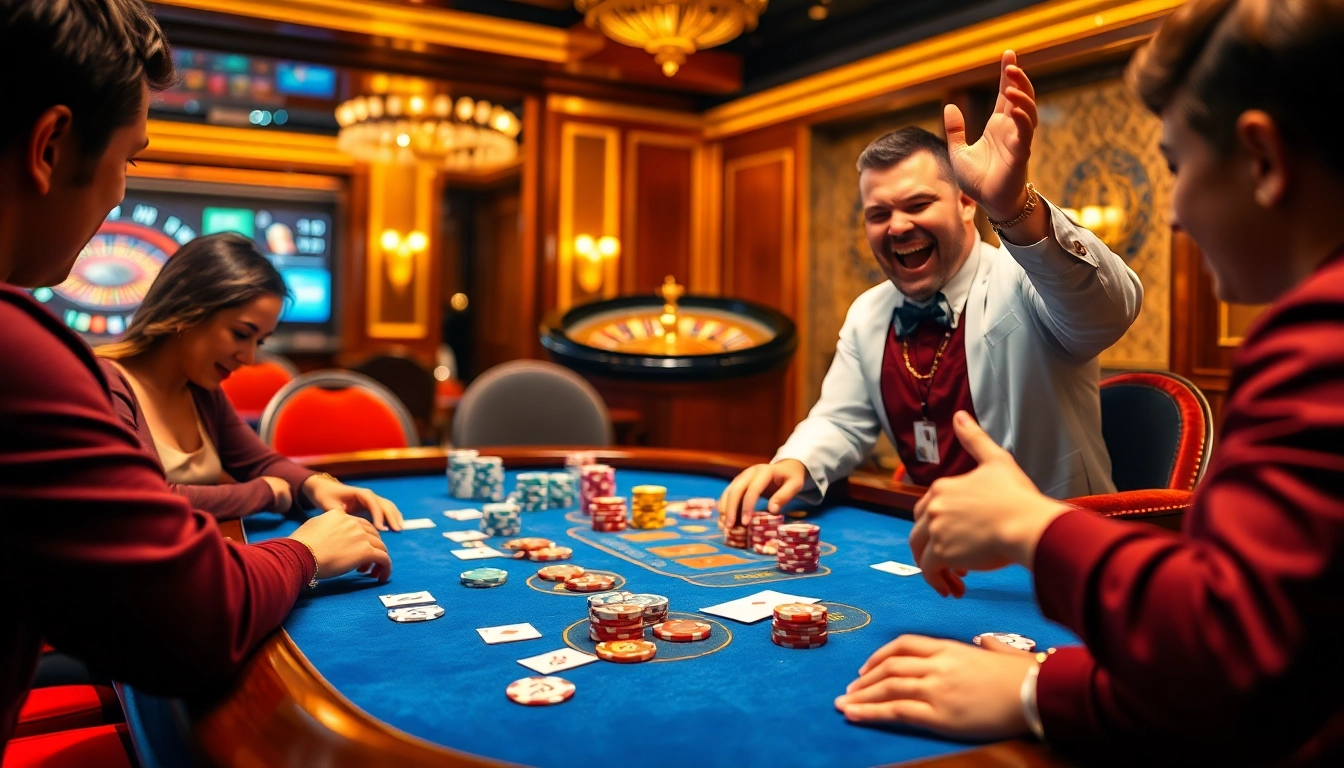View of a lively poker table at a casino, showcasing lego138 thrilling gaming action with chips and cards.