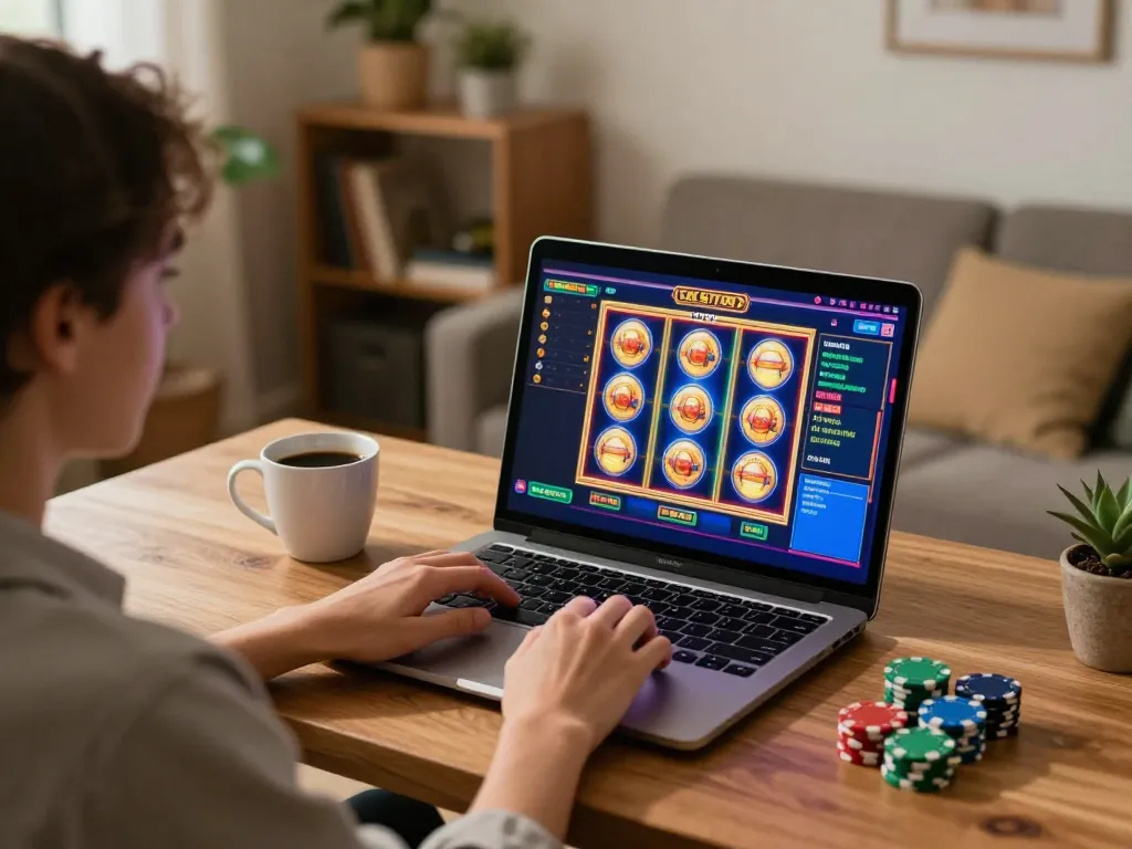 Player engaged in online gaming at non gamstop casinos with colorful slot machine on screen