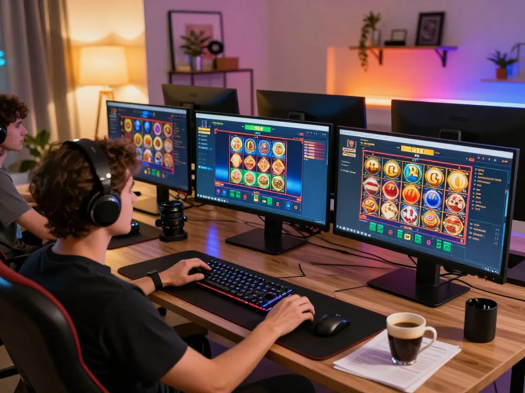 Engaging online gaming scene at https://tr88.baby/ showing vibrant casino games and player using strategy notes.