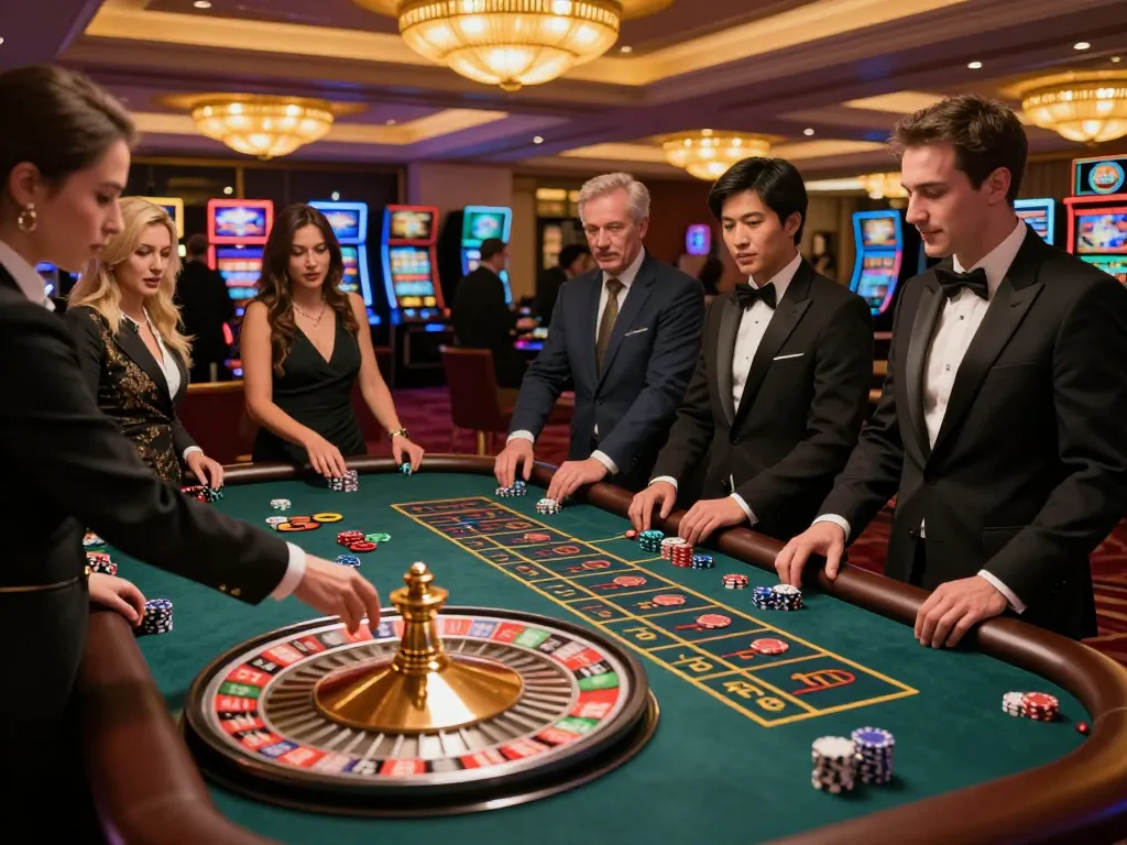 TT88 roulette game with players eagerly placing bets around a vibrant table in a luxurious casino
