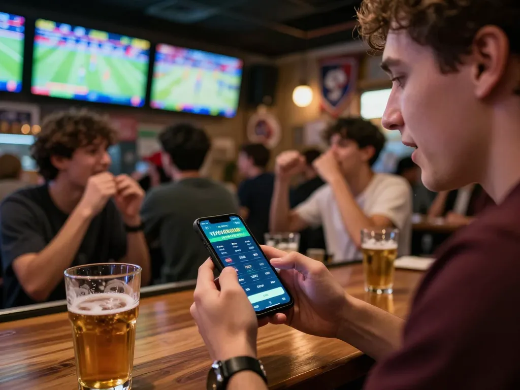 Tỷ lệ kèo bóng đá trực tuyến shown on smartphone in a lively sports bar scene