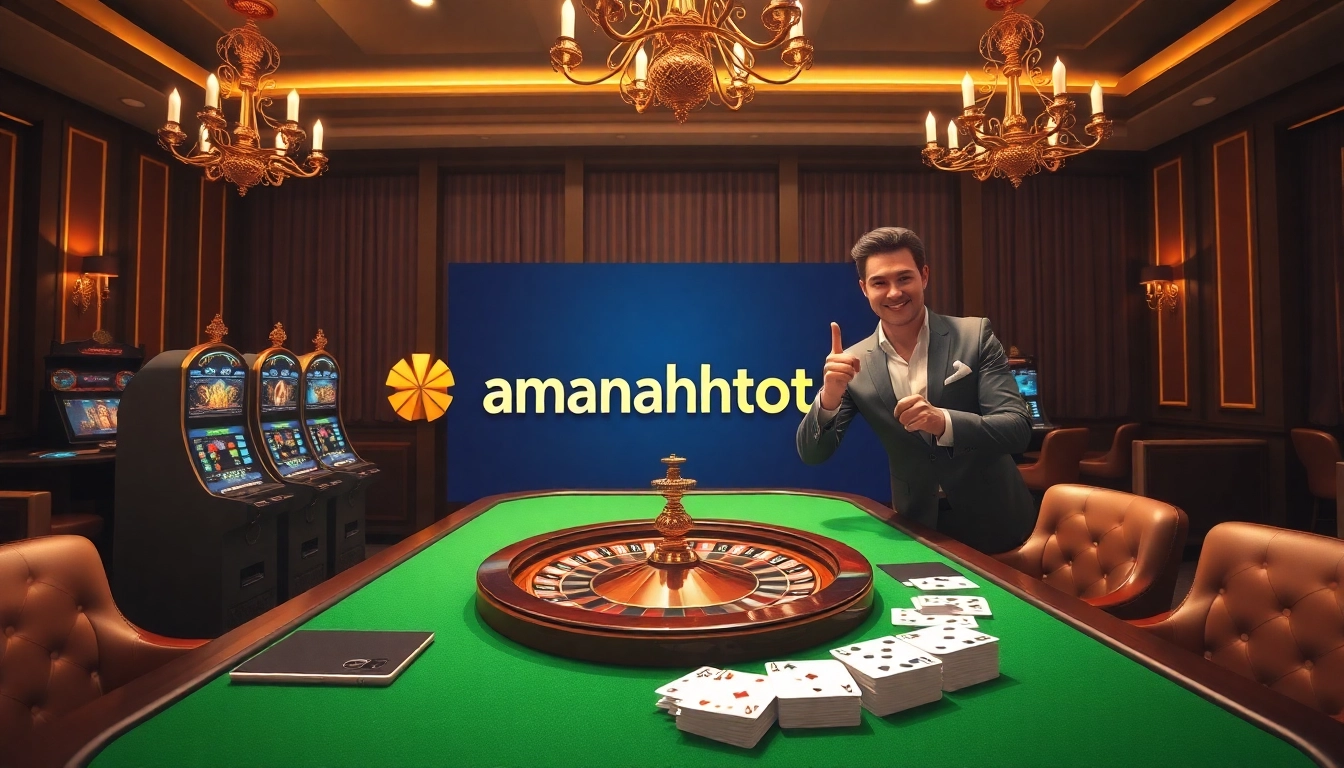 Exciting online gaming experience featuring amanahtoto logo with colorful roulette and slot machines.