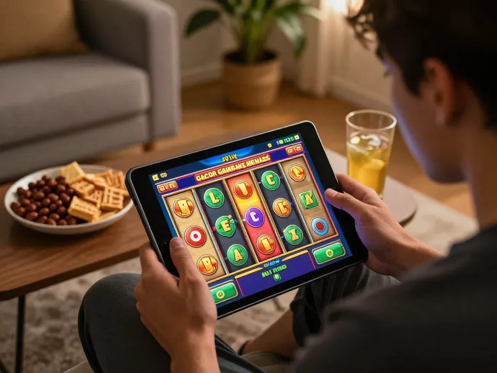 Engaging in slot gacor gampang menang gameplay on a tablet, colorful reels on screen in a cozy setting.