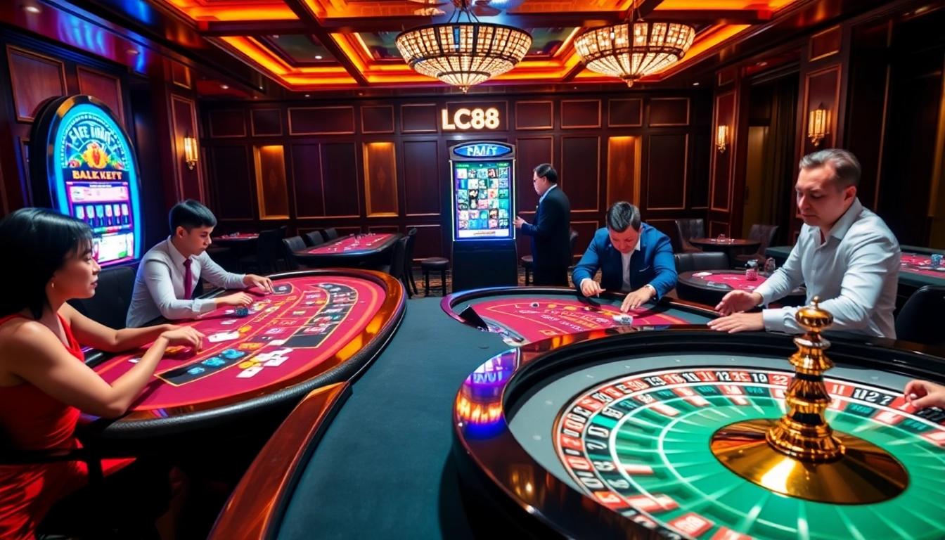 Players engaging in thrilling casino games at LC88 with vibrant lights and luxurious tables.