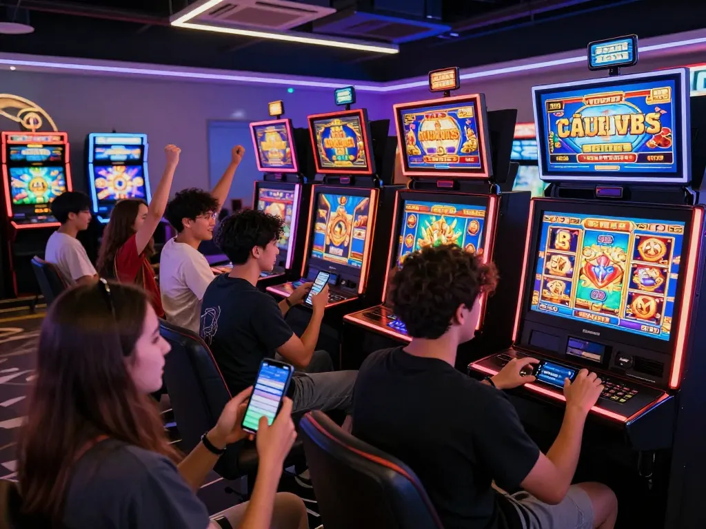 Excited group enjoying Zeus138 online slots in a modern gaming lounge with vibrant graphics and cheerful atmosphere.
