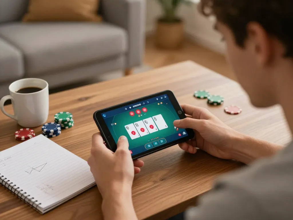 Player enjoying nk88 poker app on smartphone in comfortable home setting.