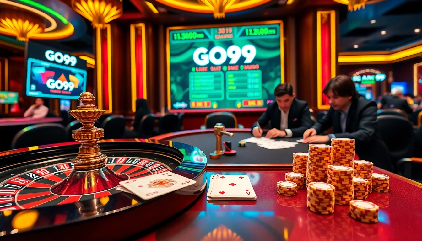 Gambling excitement at GO99 with poker chips, cards, and a roulette wheel.