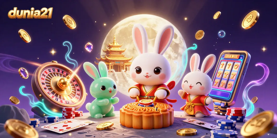 Experience the excitement of dunia21 gaming with a vibrant 3D illustration of a moon rabbit and casino elements.