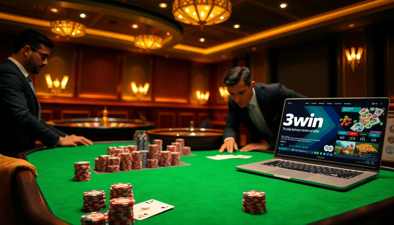 Players experiencing the excitement of poker at 13win casino, with vibrant poker chips and cards on the table.