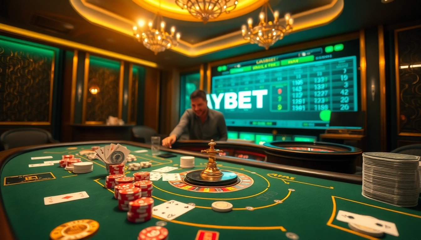 Experience high-stakes thrill with HAYBET at a luxurious casino table, featuring poker and roulette.