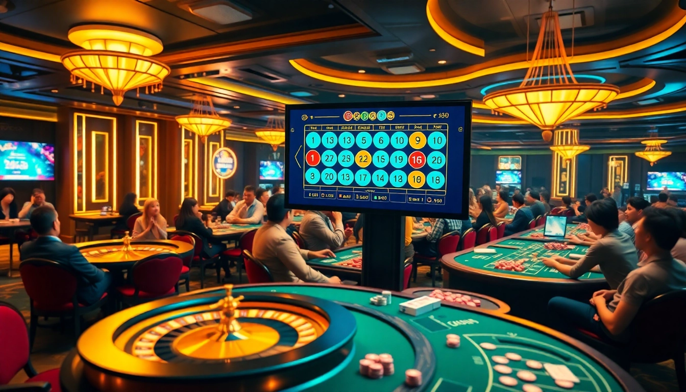 Engaging with the Tool xổ số siêu tốc in a vibrant casino setting with lottery graphics and players.