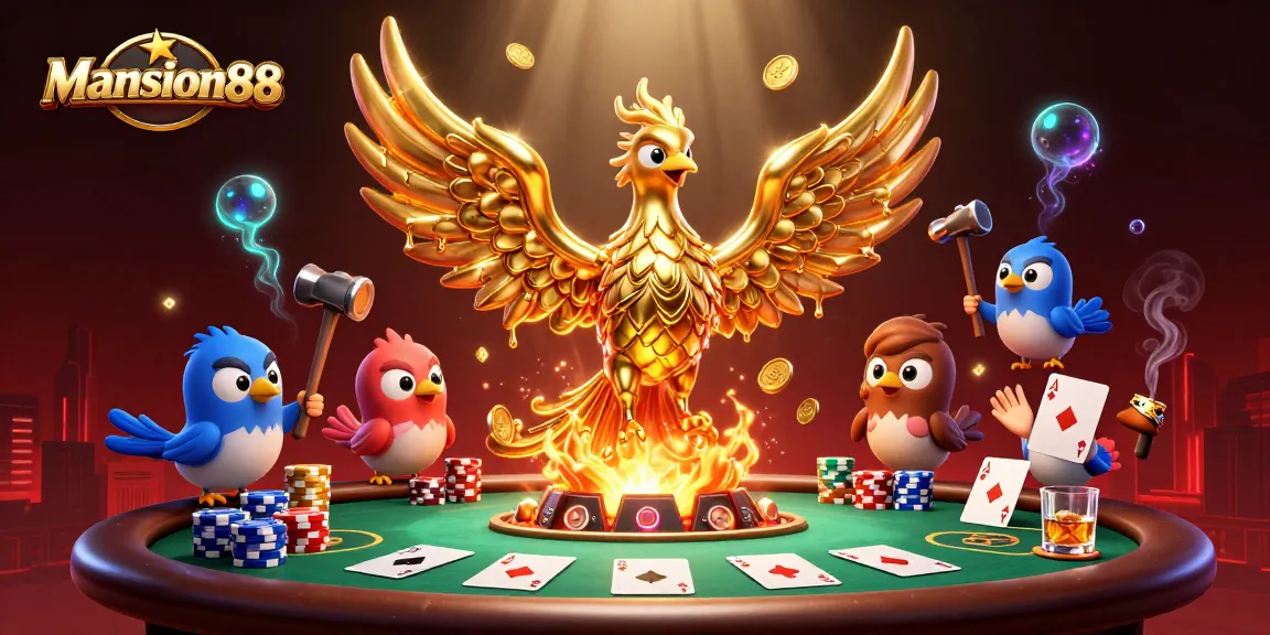 Mansion88 offers a dynamic scene featuring a molten golden phoenix and poker elements creating exciting winning opportunities.