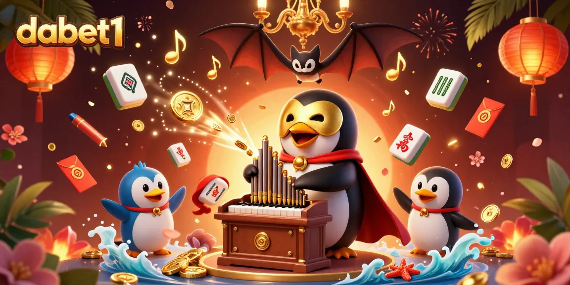 dabet1 engages players in a vibrant casino atmosphere, featuring a whimsical penguin and gold elements.