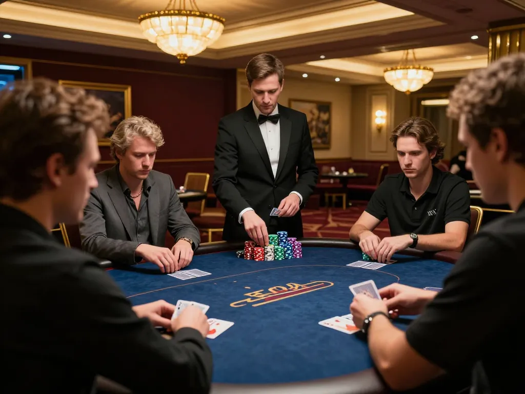 Engaged players at a high-stakes poker table in an upscale casino setting on https://rr88.navy/ showcasing strategic card gameplay.