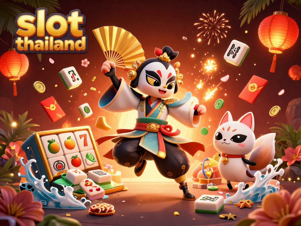 Spin the reels with slot thailand featuring a kabuki warrior and festive elements.
