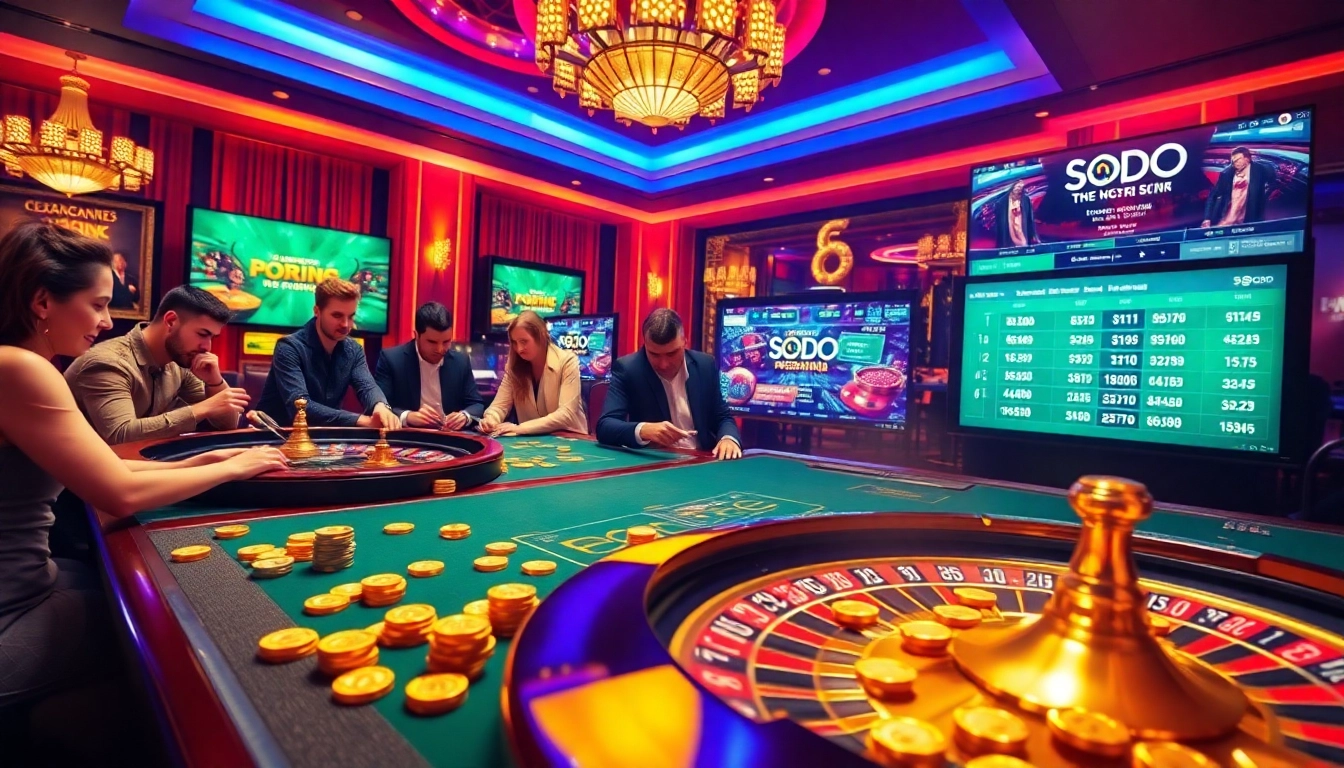 Players enjoying high-stakes poker at SODO Casino, with vibrant casino visuals and an exciting atmosphere.