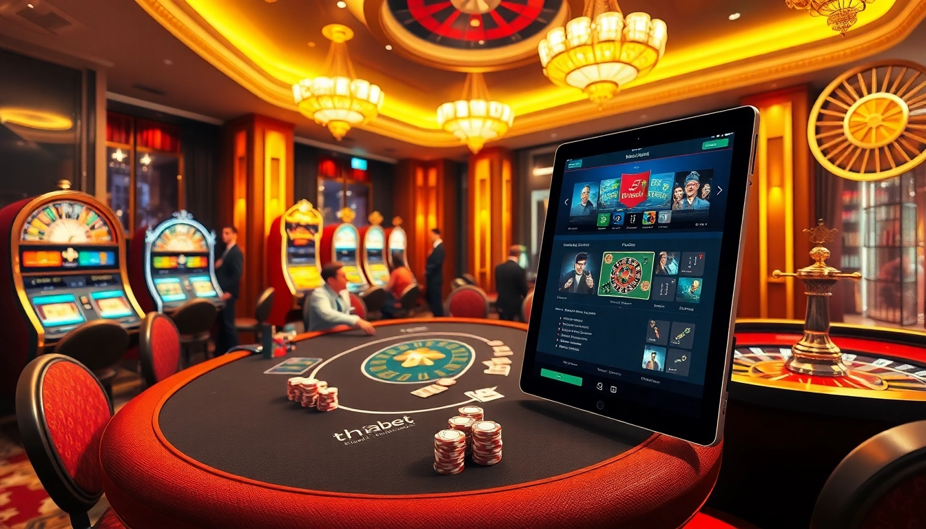 Thrilling gaming action at Thabet casino with poker tables, roulette, and slot machines.