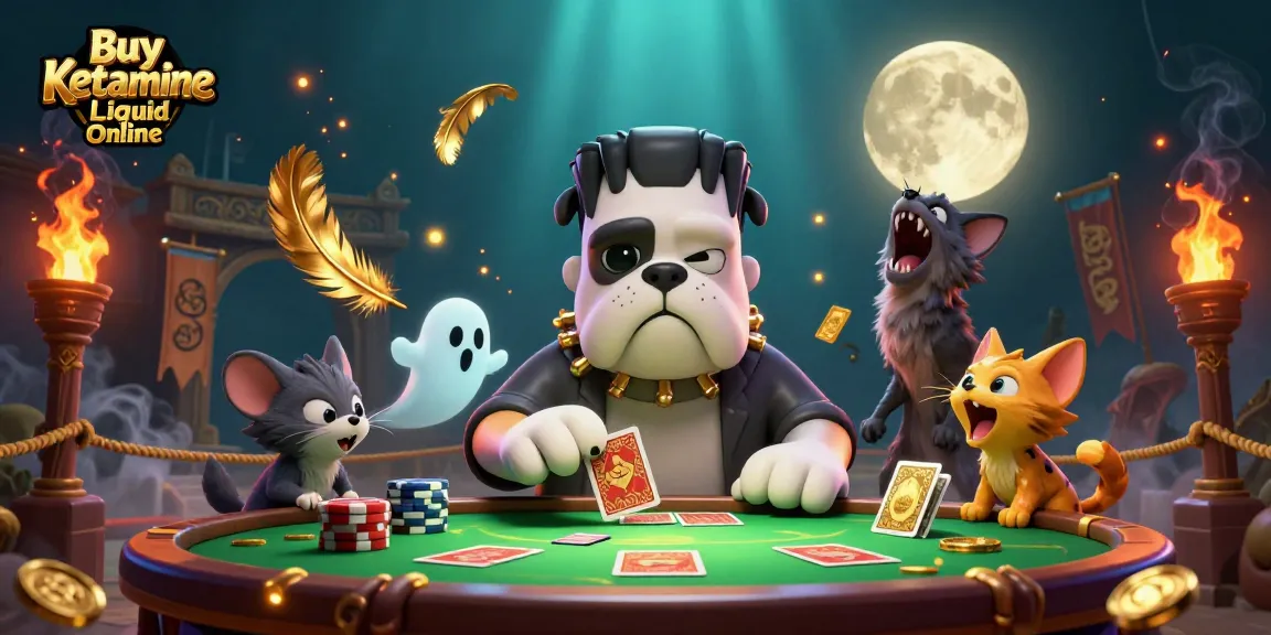 Engage with "Buy Ketamine Liquid Online" at an exciting haunted gambling table with animated characters and rich casino elements.