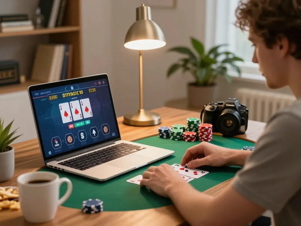 C168 com user playing online poker at home, showcasing strategic gameplay in a cozy setting.