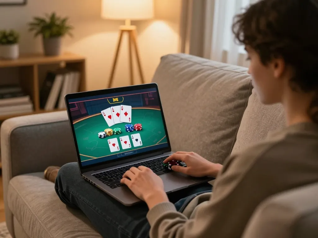 Player engaging in strategic online gambling through the TR88 platform from a cozy living room.