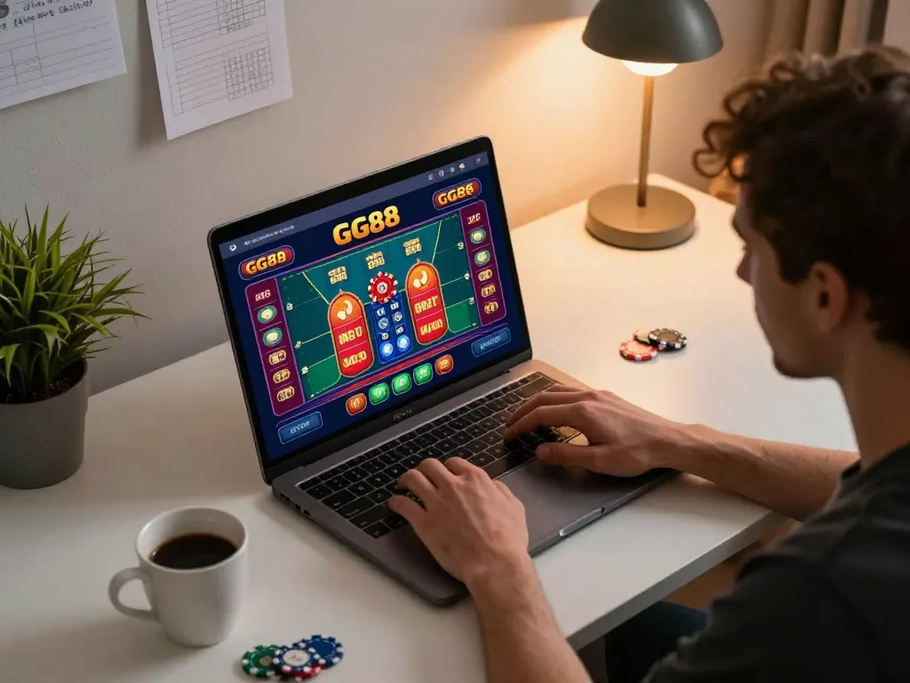 Player engaging with GG88 online casino games on a laptop, showcasing responsible gaming practices.