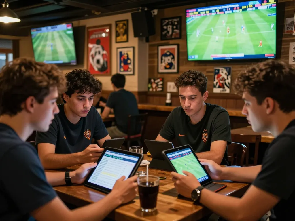 Exciting kèo cá cược bóng đá scene with fans analyzing live match odds in a sports bar.