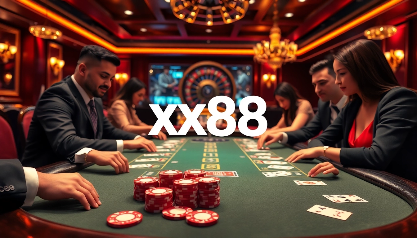 Professional poker game at xx88 casino featuring elegant chips and luxurious ambiance.