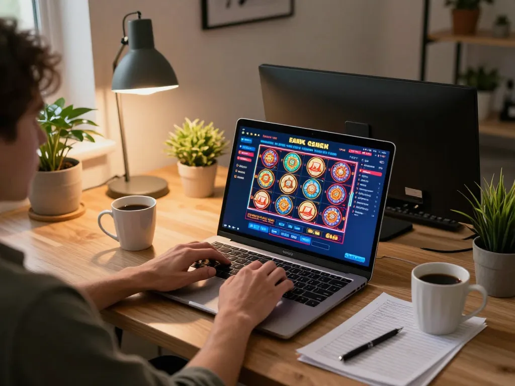 Engaging online gaming scene featuring a user on laptop, showcasing amigogrillandco casino interface.