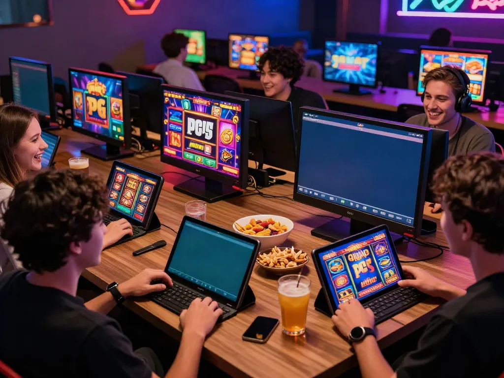 Pengalaman judi pragmatic online yang seru dengan pemain menikmati permainan slot di lounge yang ceria.