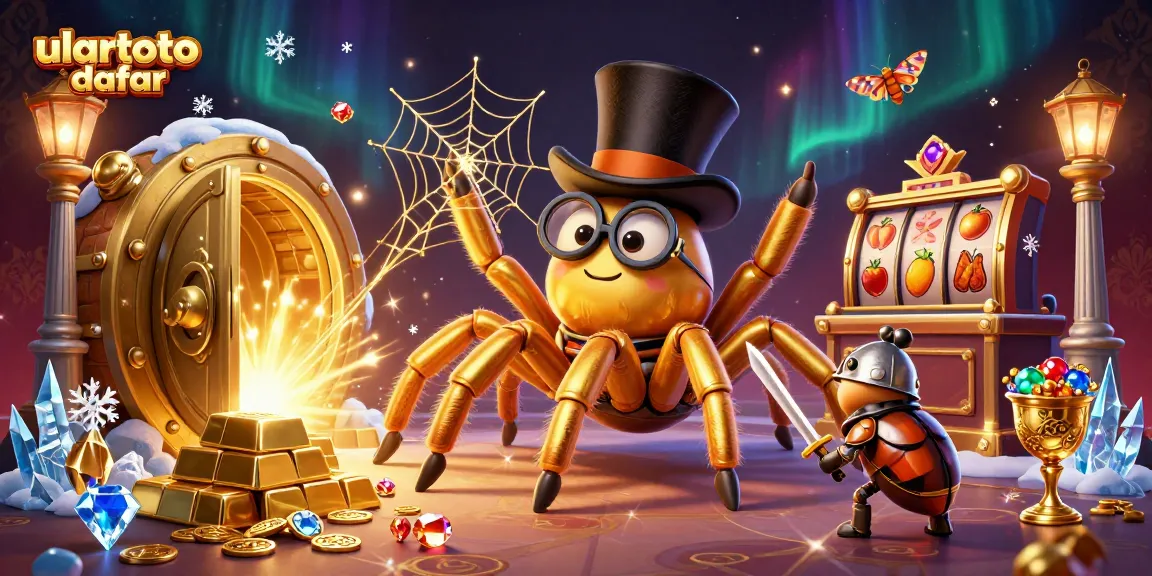 ulartoto daftar offers a vibrant scene with a golden tarantula weaving casino threads among treasure elements.