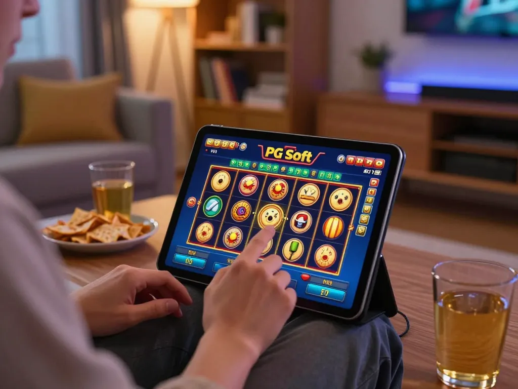 Terlibat dalam permainan slot PG Soft online di rumah dengan tablet dan suasana yang nyaman