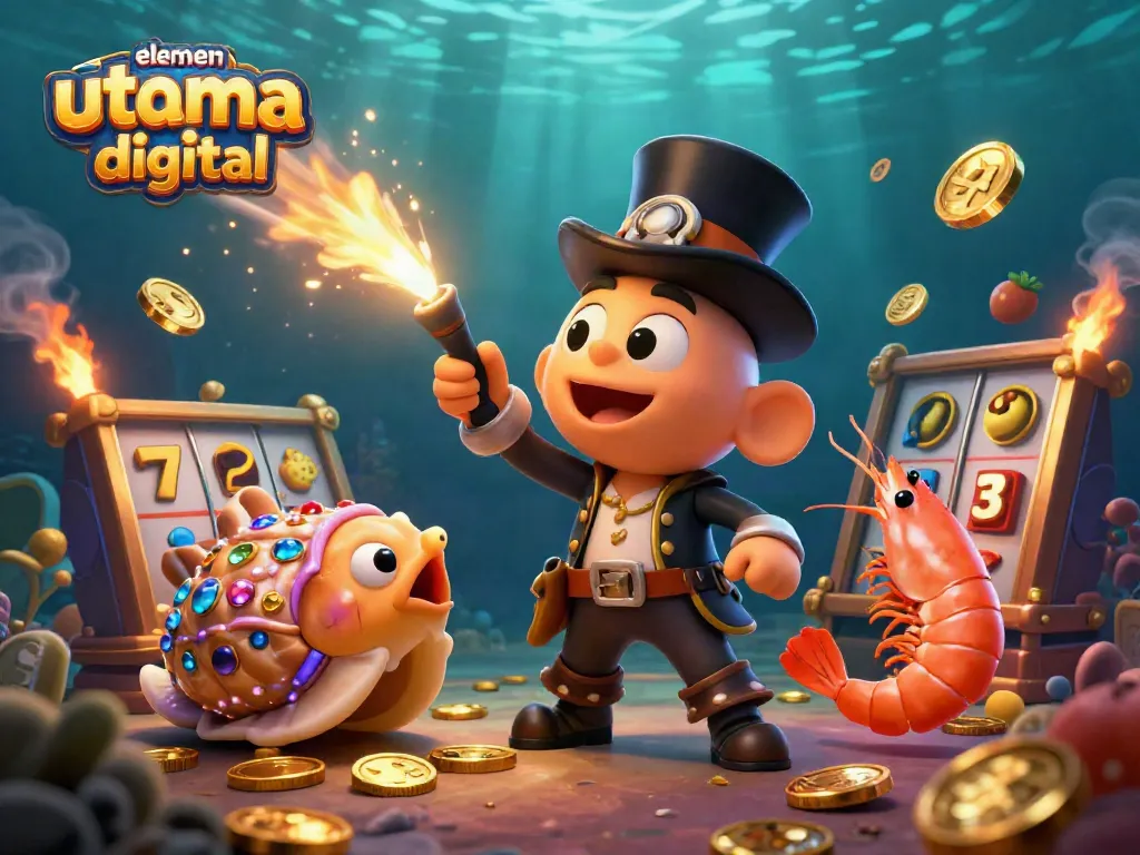 Memainkan elemen utama permainan digital dengan ikan pemancing 3D berselimut topi, udang bajak laut, dan siput harta karun.