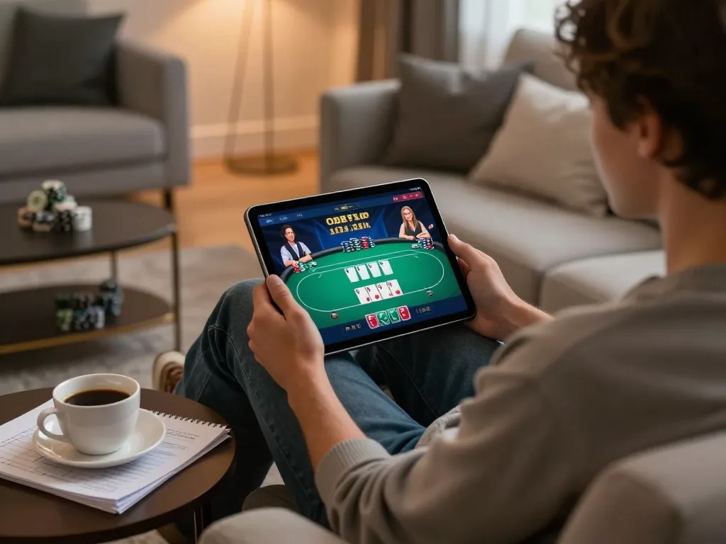 Tg888 user engaging in online poker, showcasing strategy notes and relaxed atmosphere.