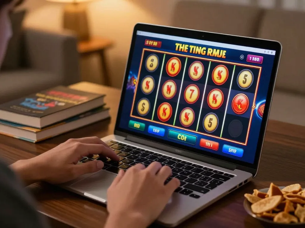 Engaging in online slot gameplay with colorful reels displayed on the laptop during a cozy home evening.